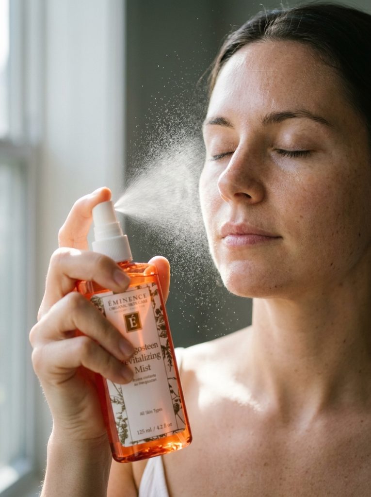 Vrouw spuit Éminence Organics Mangosteen Revitalizing Mist facemist op haar gezicht